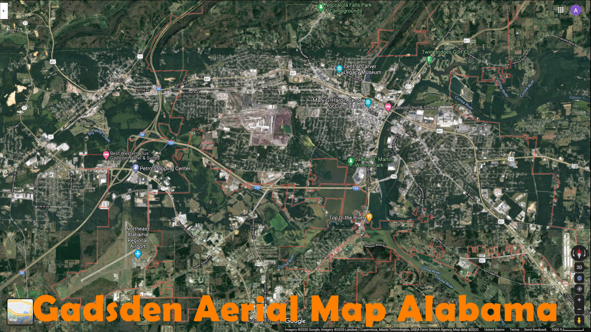 Gadsden Aerien Carte Alabama